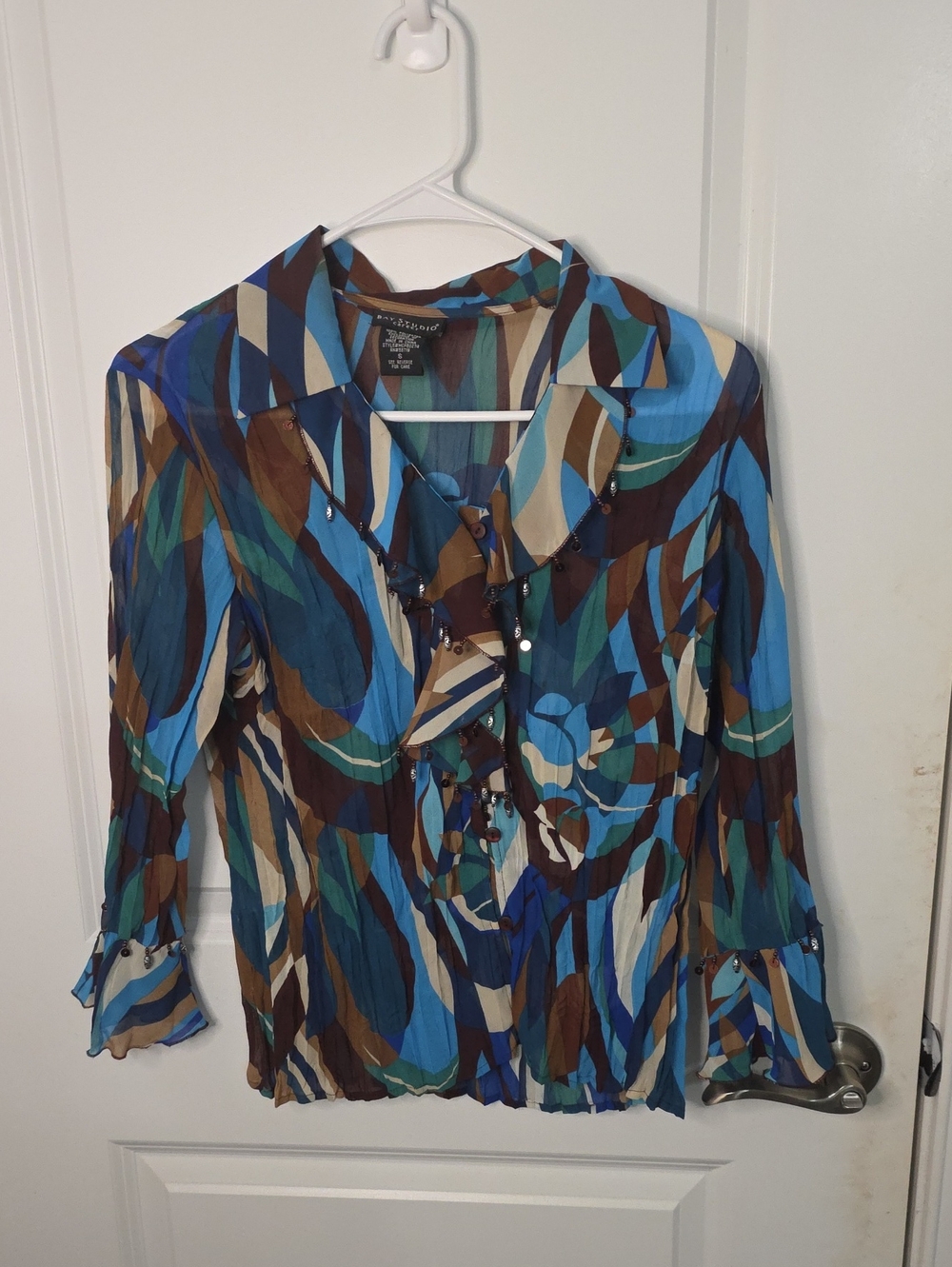 Bay Studio Blue Brown Multi-Leaf Ruffle Button Blouse